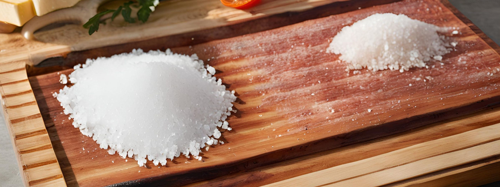 A imagem mostra uma tábua de corte com dois tipos de sais para ilustrar a diferença entre sal de parrilla e sal grosso