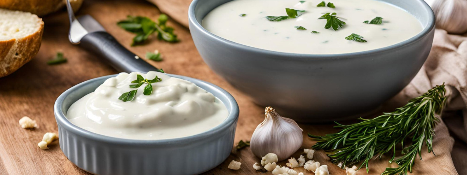 A imagem mostra uma travessa de molho cremoso de gorgonzola e alho