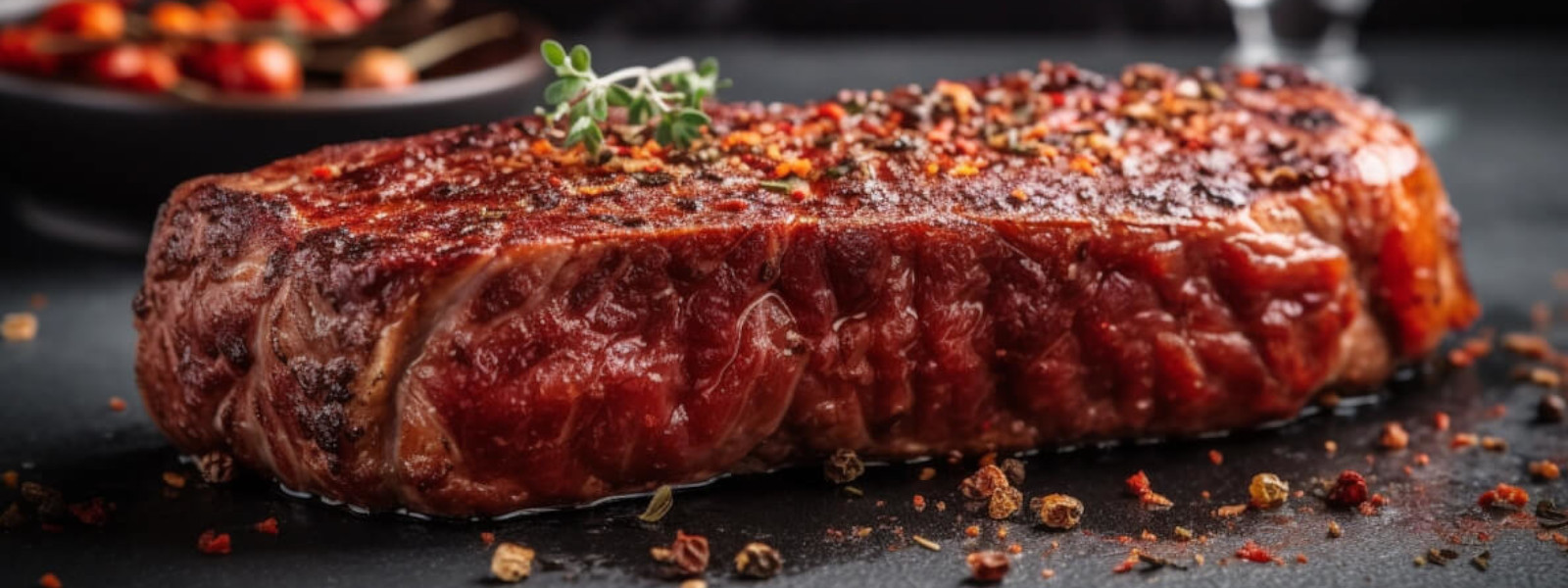 A imagem mostra um bife de chorizo em uma tábua de churrasco