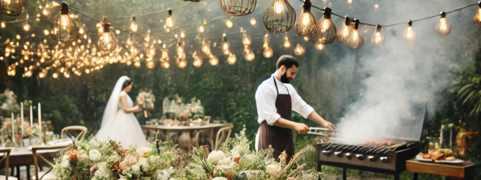 A imagem mostra um churrasco no casamento